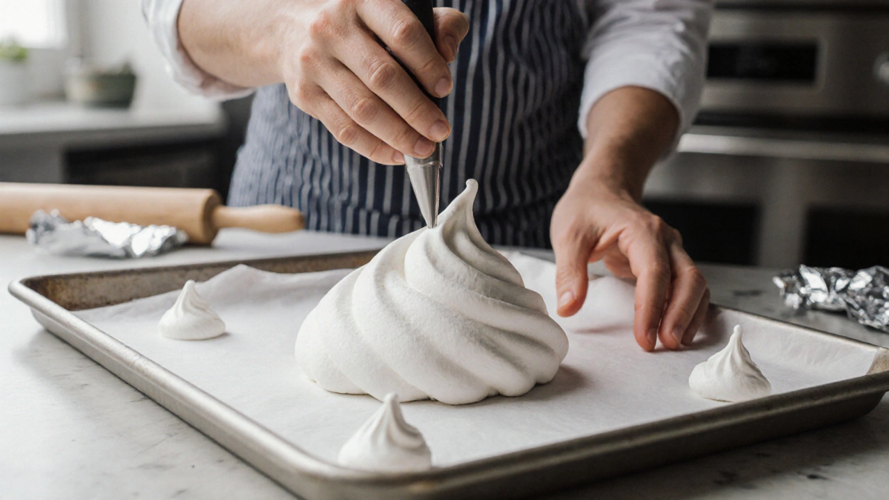 Hands anchoring parchment paper with meringue dots before piping a pavlova.