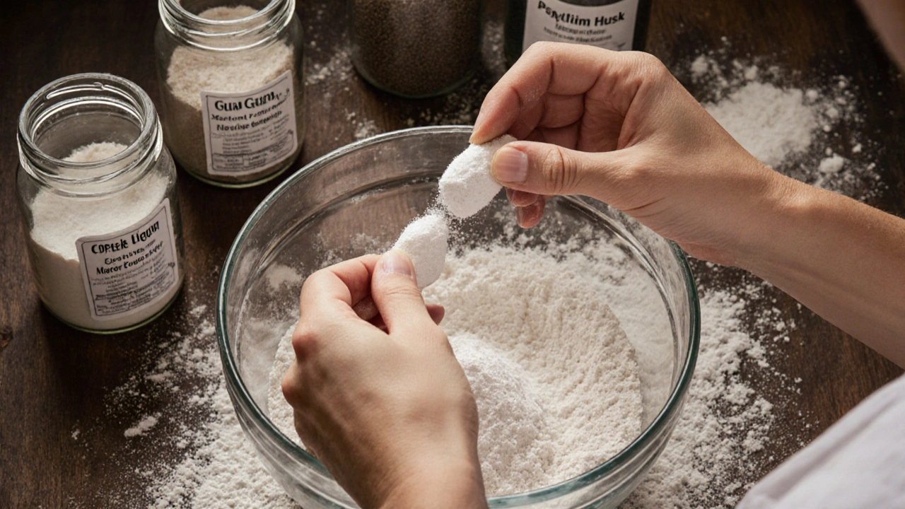 Hands measuring xanthan gum into a bowl with alternative binders in the background.