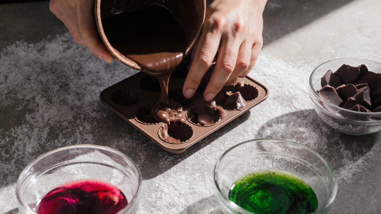 Homemade vegan chocolate candies being made in silicone molds with natural food colorings.
