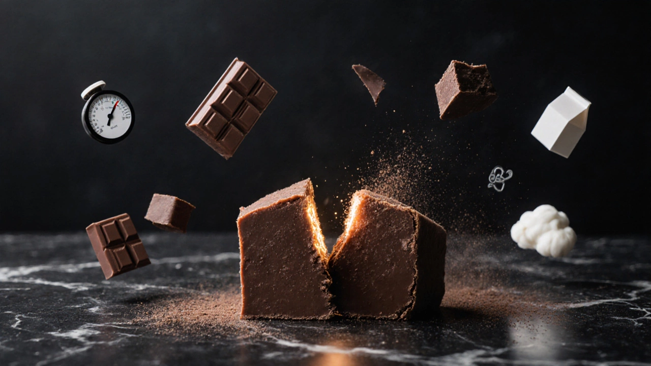 Perfect fudge square snapping to reveal silky interior with science symbols fading