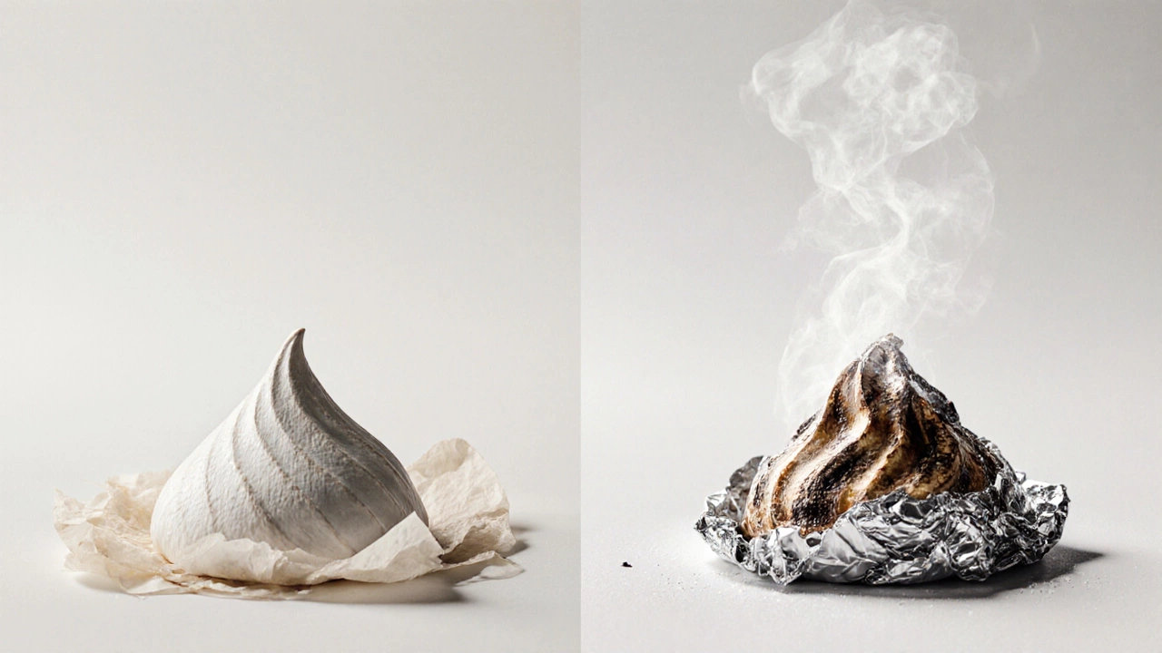 Side-by-side pavlovas: one clean on parchment, one stuck and damaged on foil.