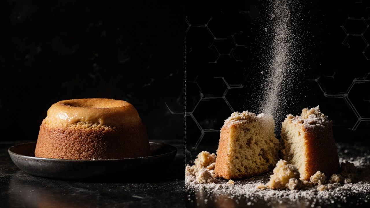 Split image of a perfect cake and a crumbly cake connected by xanthan gum powder.