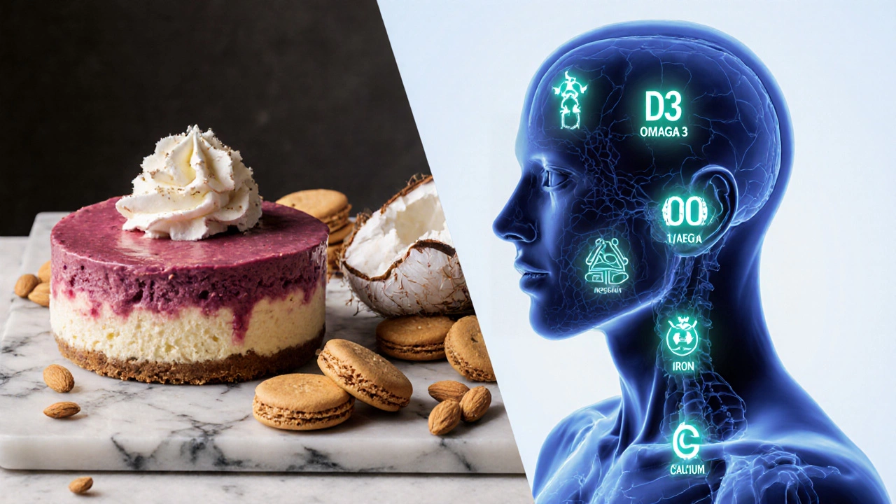 Split image of vegan desserts and glowing nutrient icons inside a human silhouette