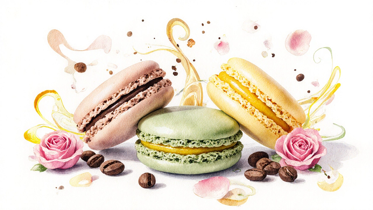 Three flavored macarons arranged with abstract elements representing their unique taste profiles.