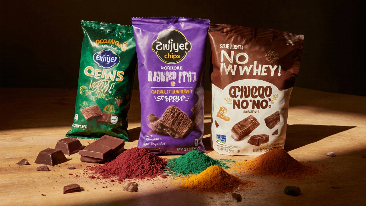 Three vegan chocolate candies with natural colorants on a wooden counter, glowing in sunlight.