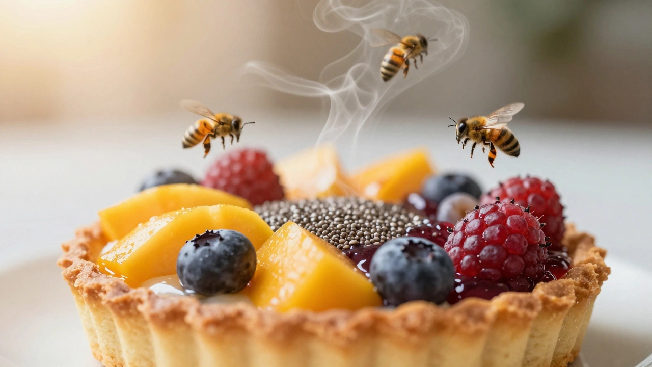 A colorful fruit tart with fading silhouettes of bees and bugs dissolving into the background.