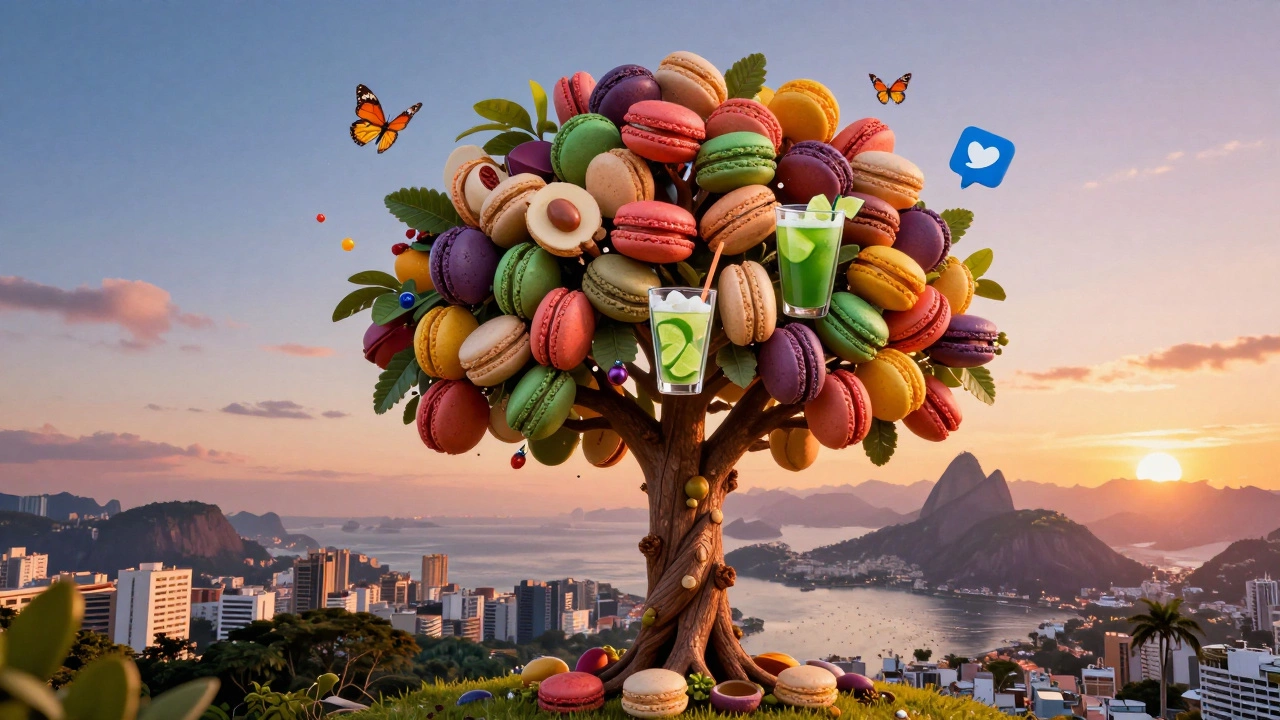 A fantastical tree with macarons as fruit, shaped like açaí and caipirinha, surrounded by floating social media icons.