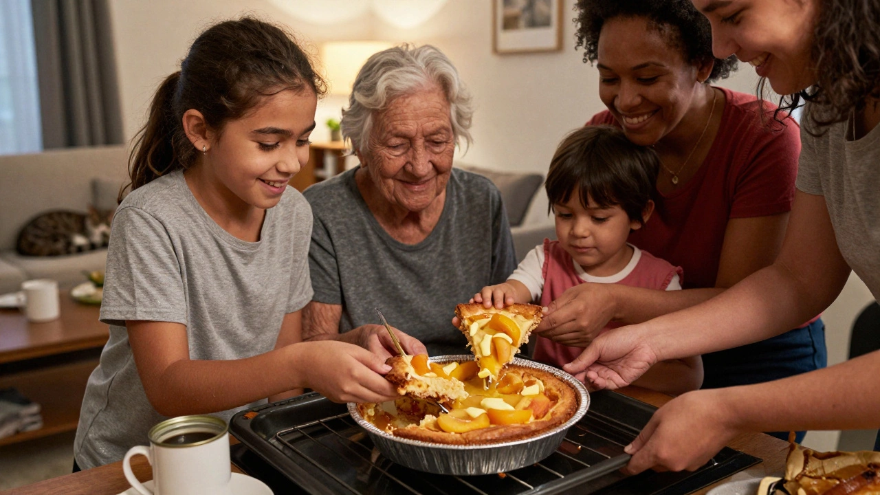 A group sharing warm dump cake from a pan in a cozy living room, smiling naturally with no decorations.