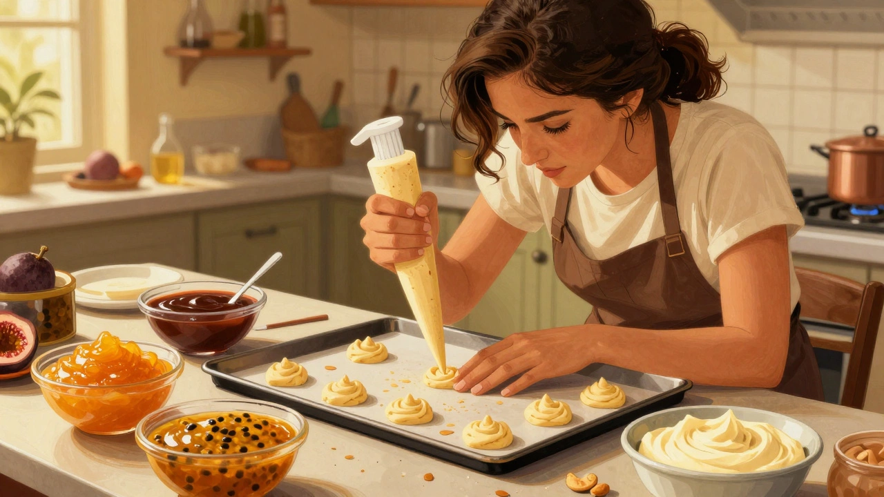 A pastry chef piping macaron batter in a kitchen filled with Brazilian fruit fillings like guava and passion fruit.