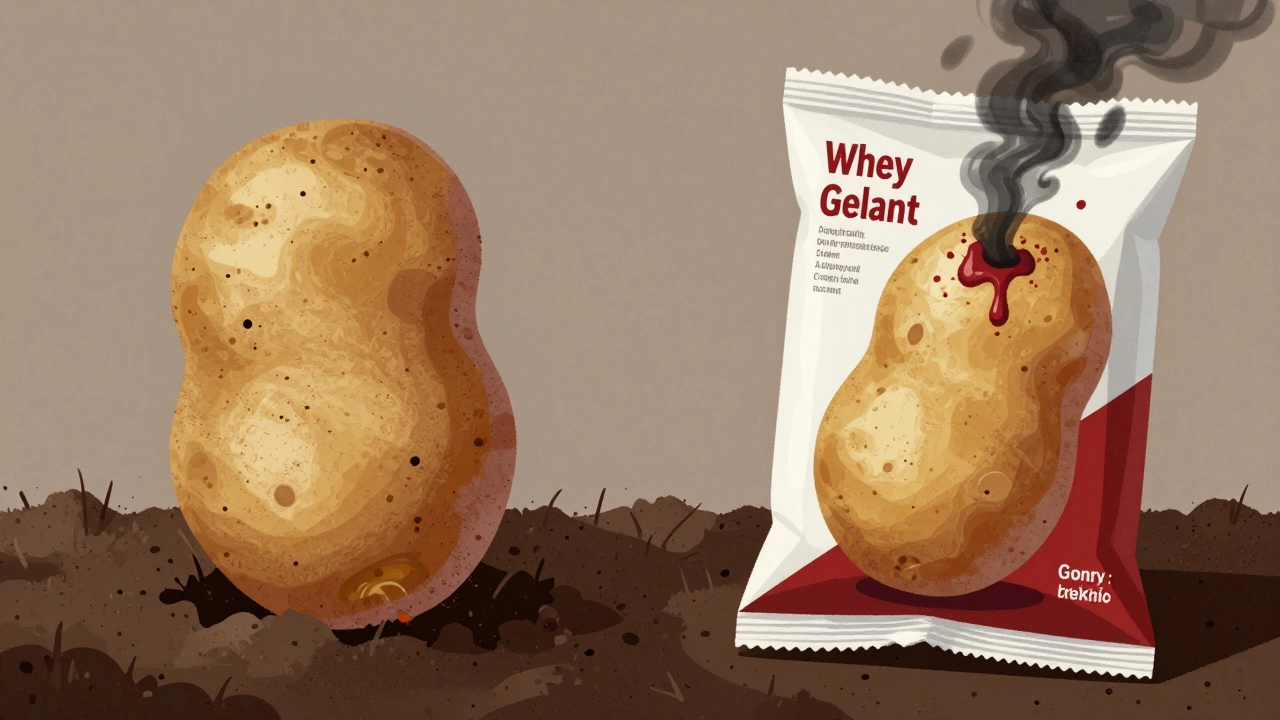 A potato split between natural growth and hidden animal-derived additives in processed form