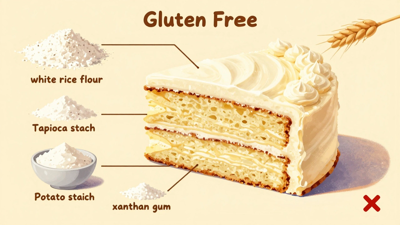 A sliced gluten-free cake with labeled flour ingredients arranged around it.