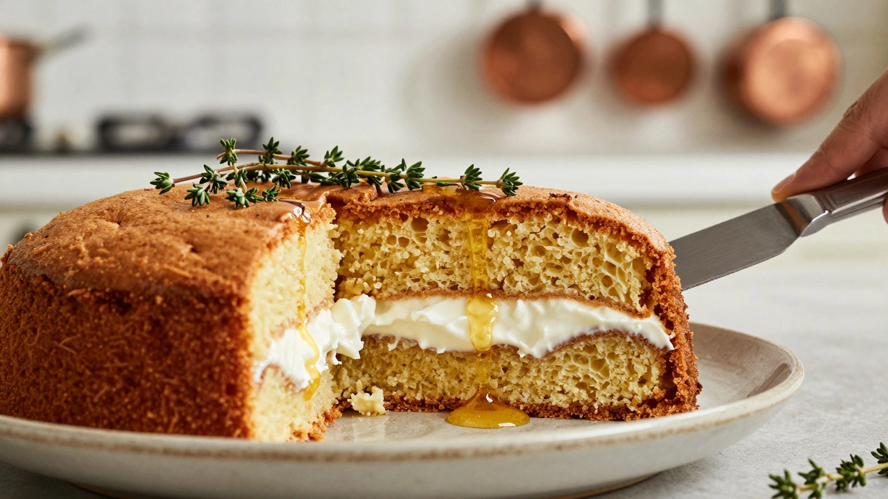 A sliced naked honey cake showing moist layers and honey drizzle, garnished with thyme, on a ceramic plate.