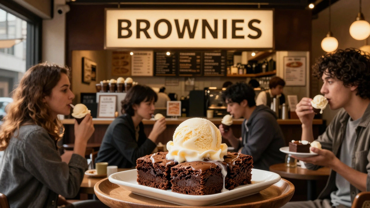 Café menu showing &#039;BROWNIES&#039; with a serving of brownies and ice cream in an international setting.