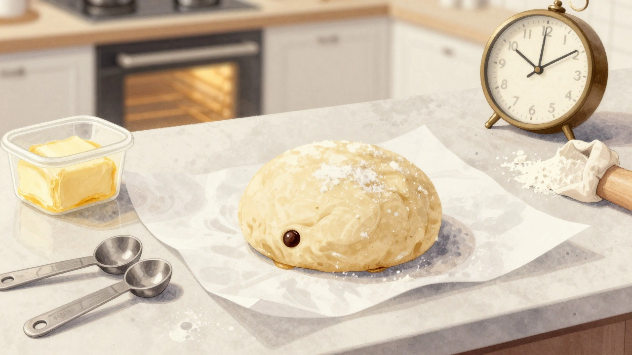 Chilled cookie dough ball on parchment with ingredients nearby, evoking patience in baking.