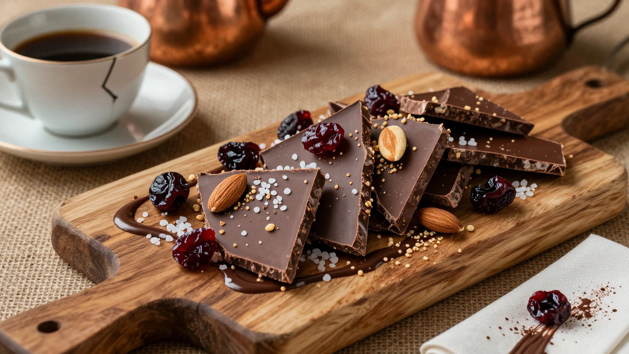 Chocolate bark made from rescued fudge, topped with salt, cherries, and almonds on a wooden board.