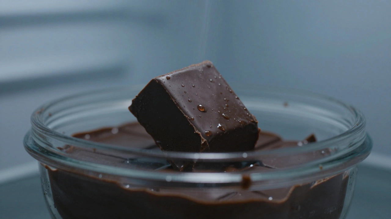 Condensation forming on refrigerated fudge surface as it&#039;s taken from a sealed container.