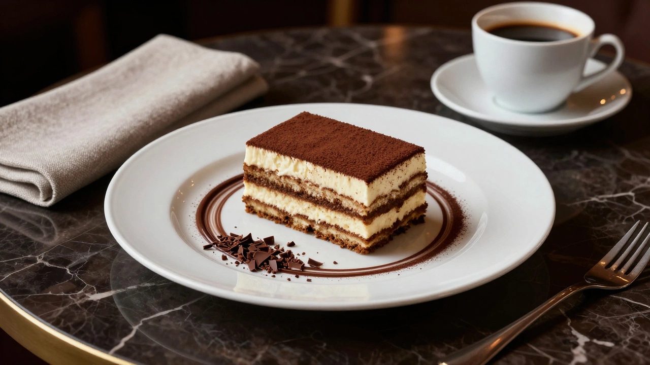 Elegant restaurant slice of tiramisu on marble with espresso cup, lit by soft ambient light.