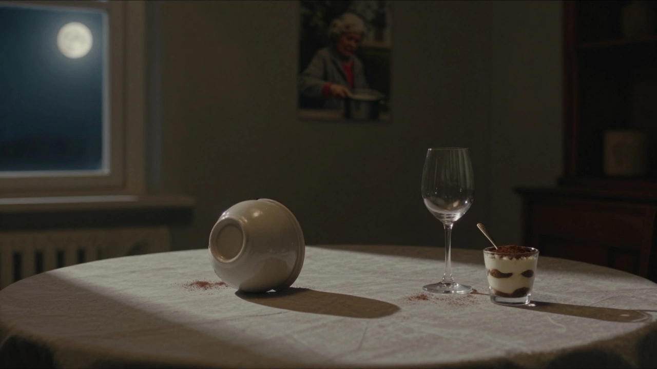 Empty dining table with upside-down pasta bowl and small tiramisu glass under moonlight.