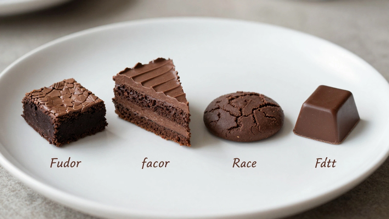 Four chocolate desserts compared: brownie, cake, cookie, and fudge on a porcelain plate.