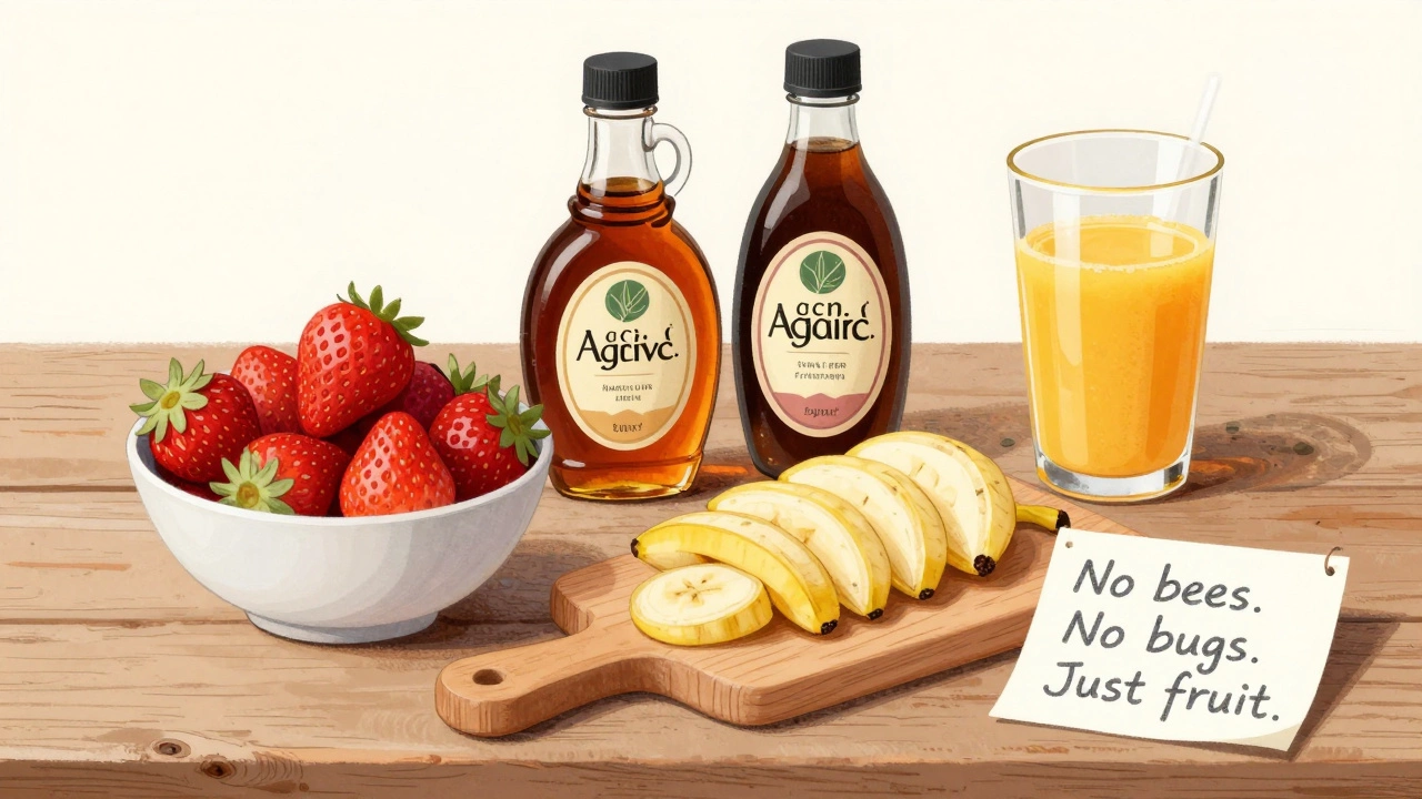 Fresh fruit and plant-based sweeteners arranged on a rustic table for vegan desserts.