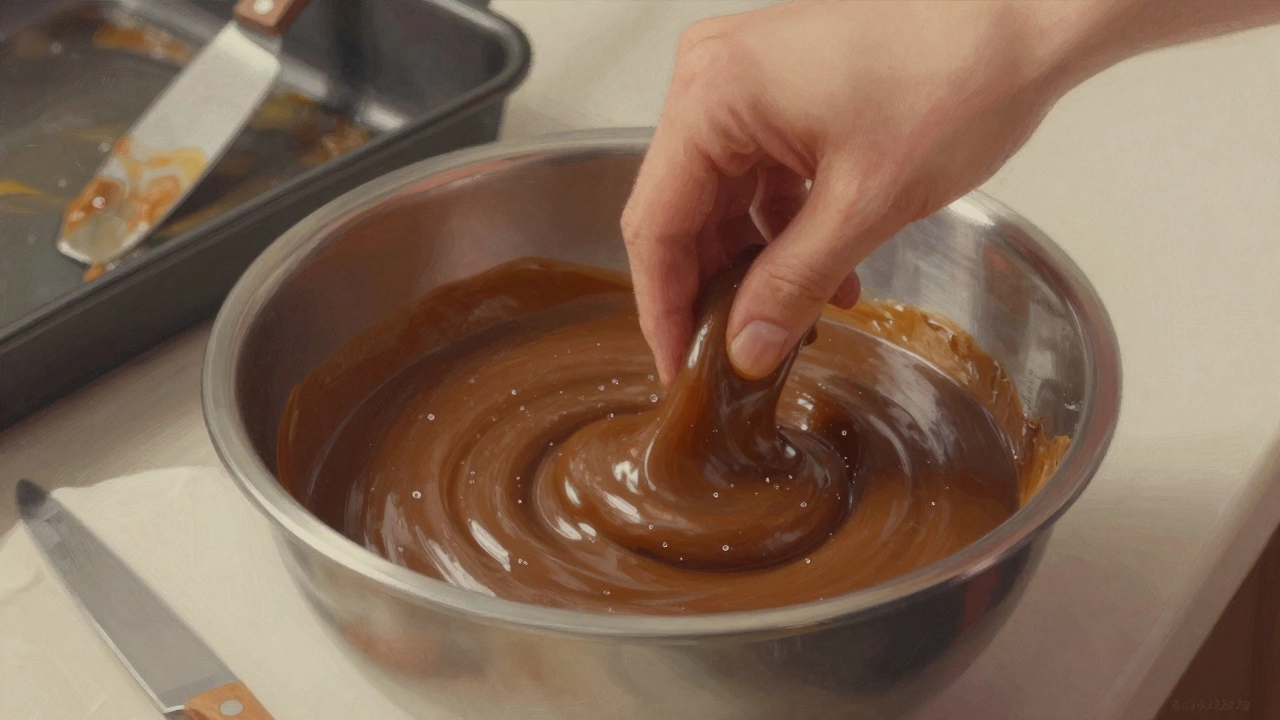 Hand stirring cooled fudge as it thickens from glossy to matte texture.