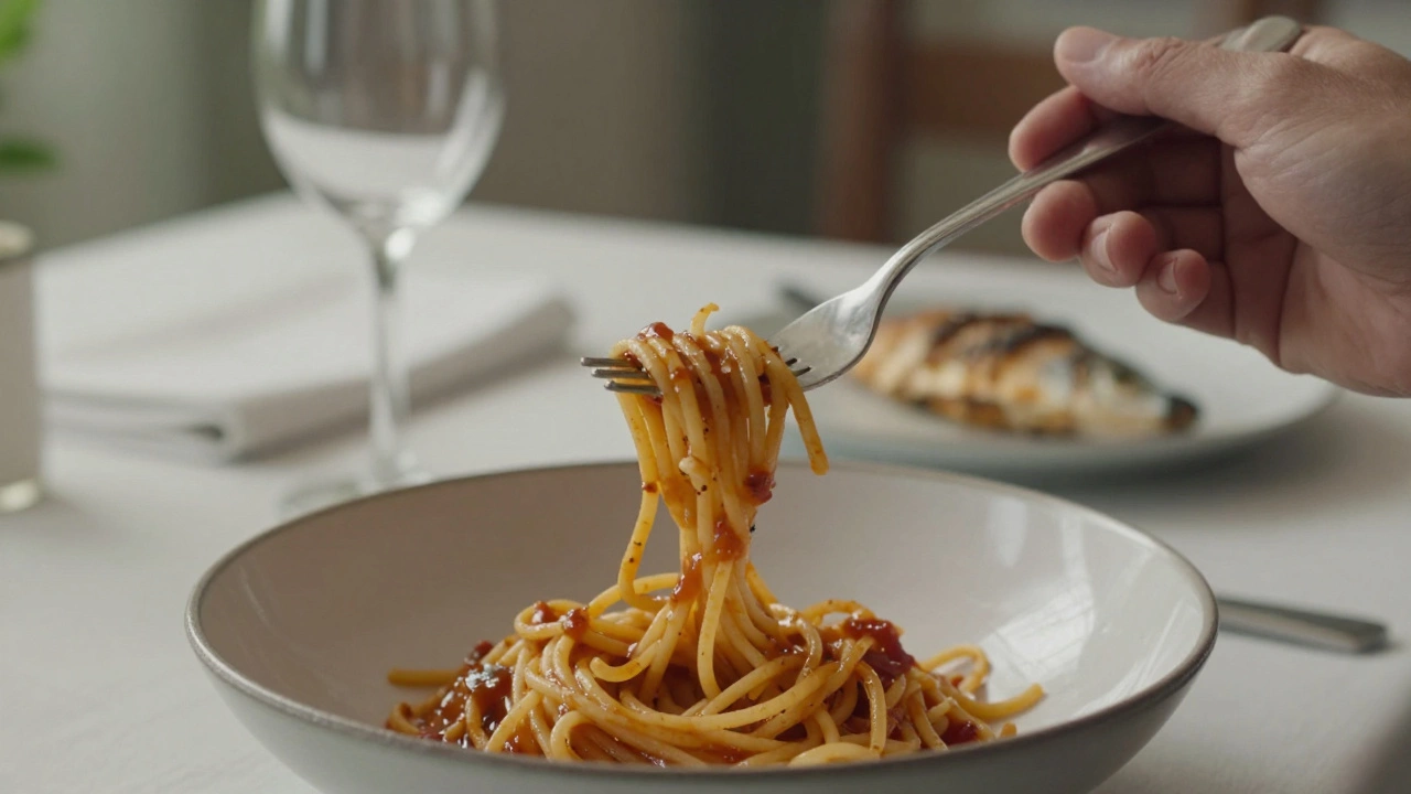 Hand twirling spaghetti with a fork against a bowl, no spoon, sauce clinging perfectly.