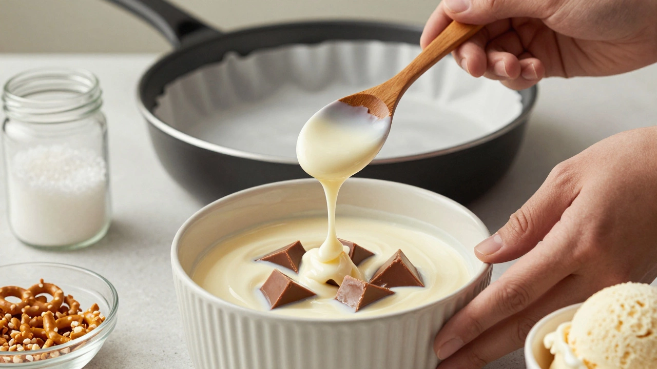 Hands melting failed fudge with cream in a double boiler, preparing to pour into a new pan.
