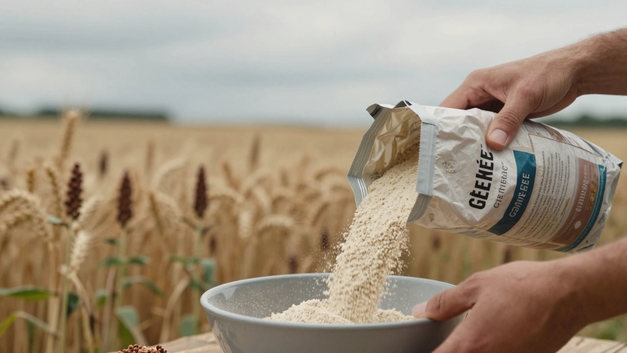 Hands pouring certified gluten-free quinoa flour as wheat and quinoa fields blend in the background.