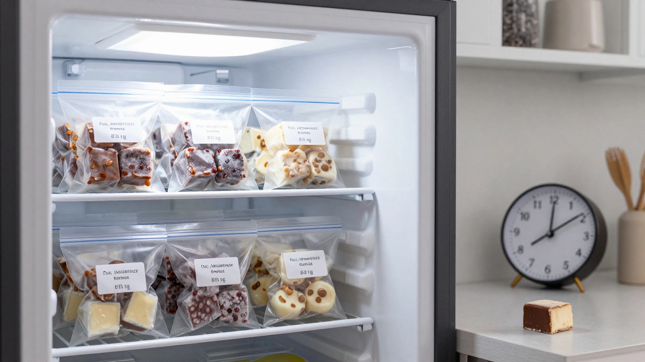 Individually wrapped fudge pieces stored in freezer bags on a shelf with one thawing on counter.