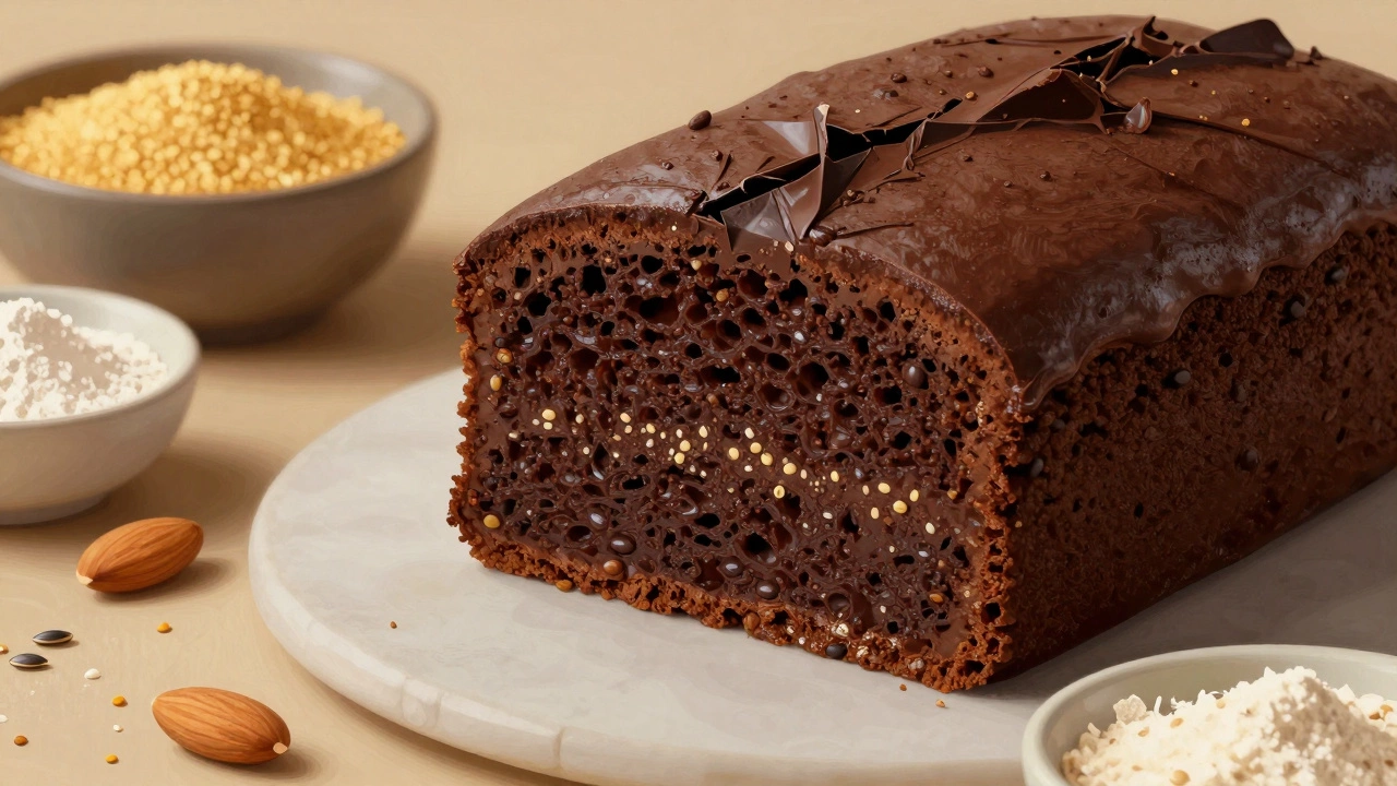 Sliced chocolate cake with quinoa flour in the batter, surrounded by gluten-free flours in ceramic bowls.