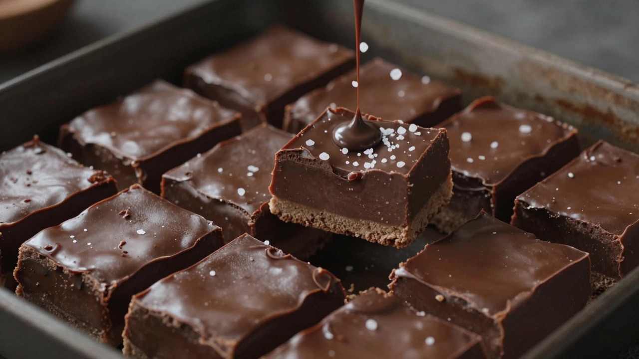 Smooth fudge squares with velvety finish and sea salt flakes on top.