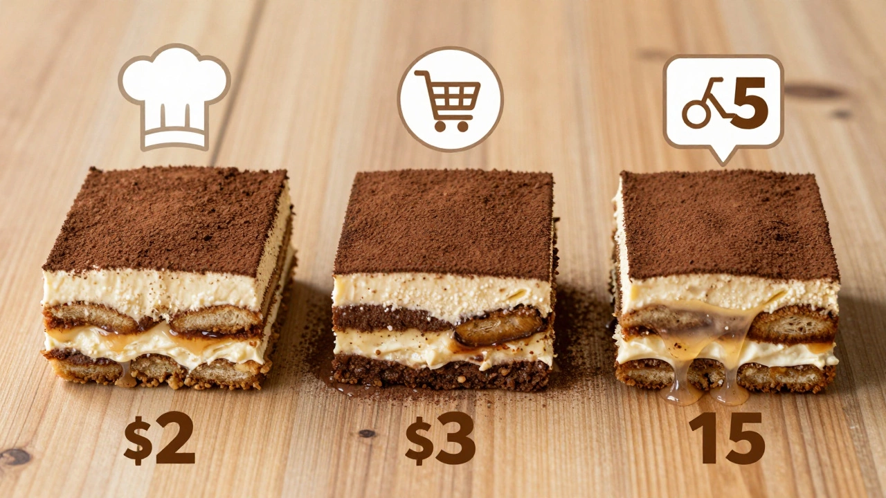 Three tiramisu slices compared: homemade, supermarket, and delivery, with price tags and icons.