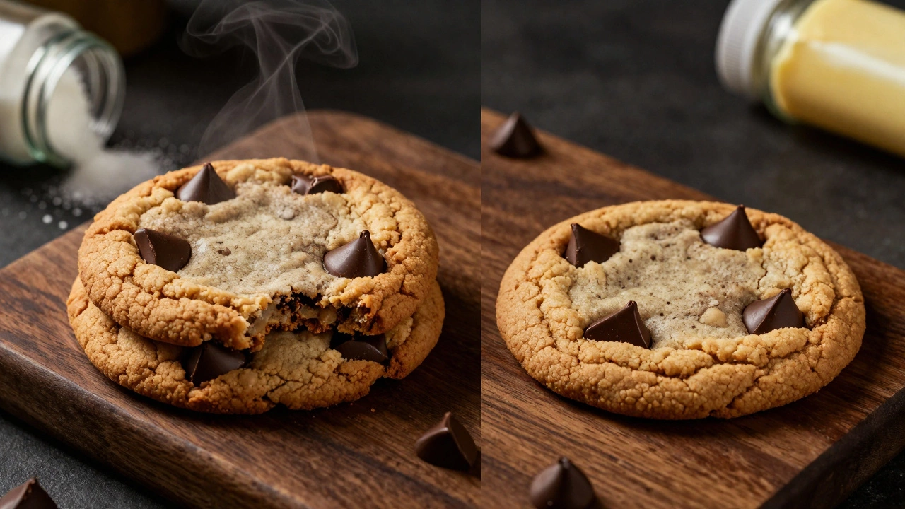 Two chocolate chip cookies side by side: one tall and chewy, the other thin and crispy.