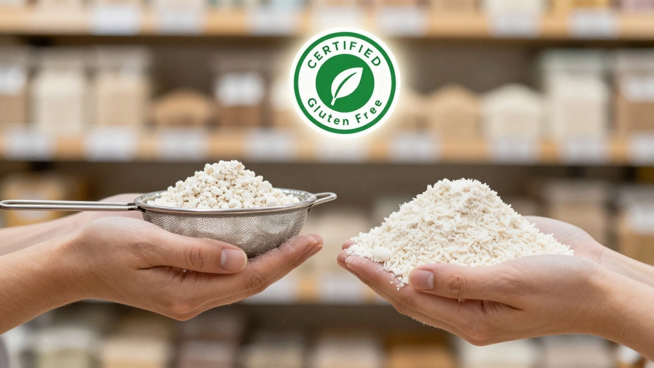 Two types of rice flour side by side, showing coarse vs. superfine texture.
