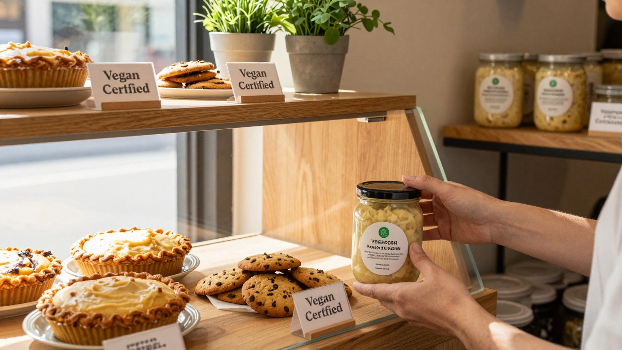 Vegan-certified potato desserts displayed in a cozy Australian bakery with natural light