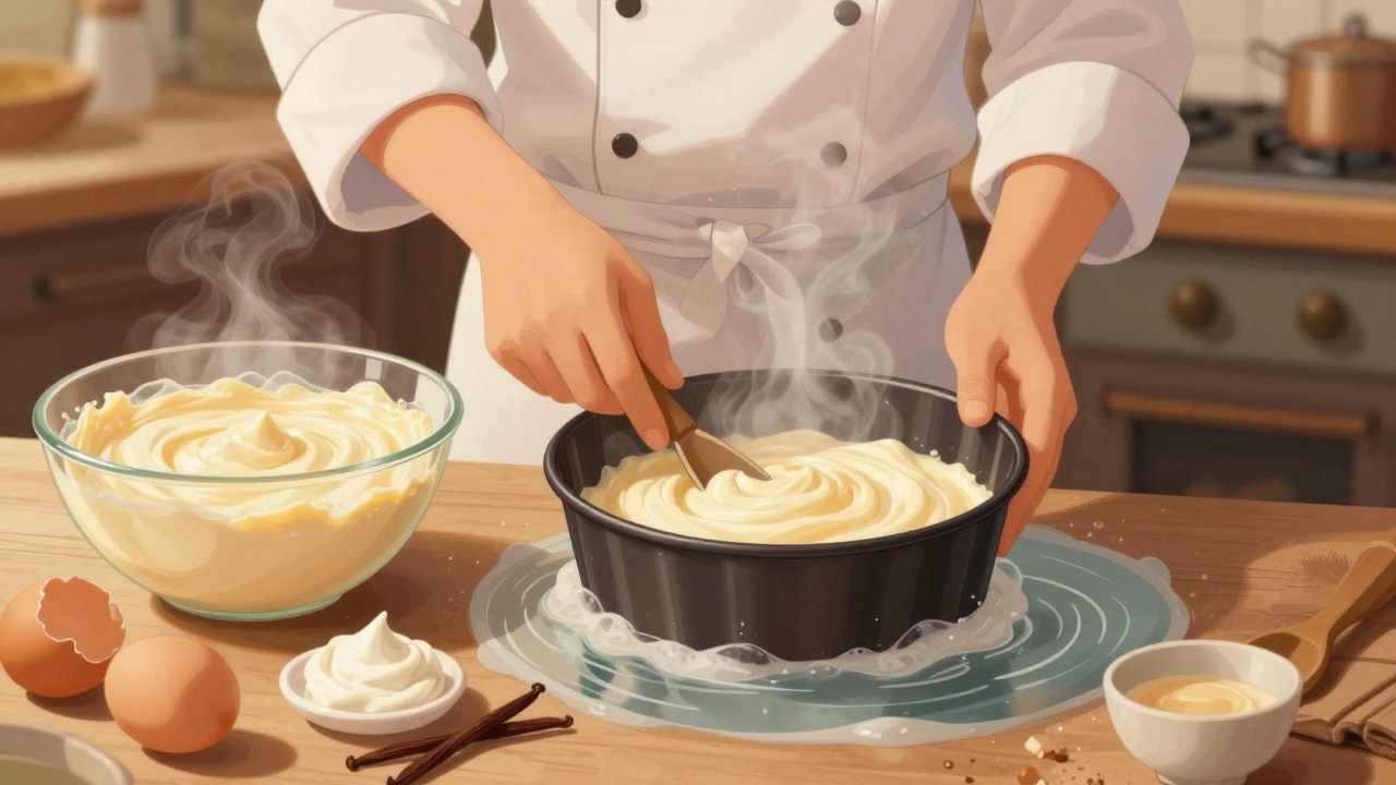 A baker lowering a cheesecake pan into a water bath with steam rising in a warm kitchen.