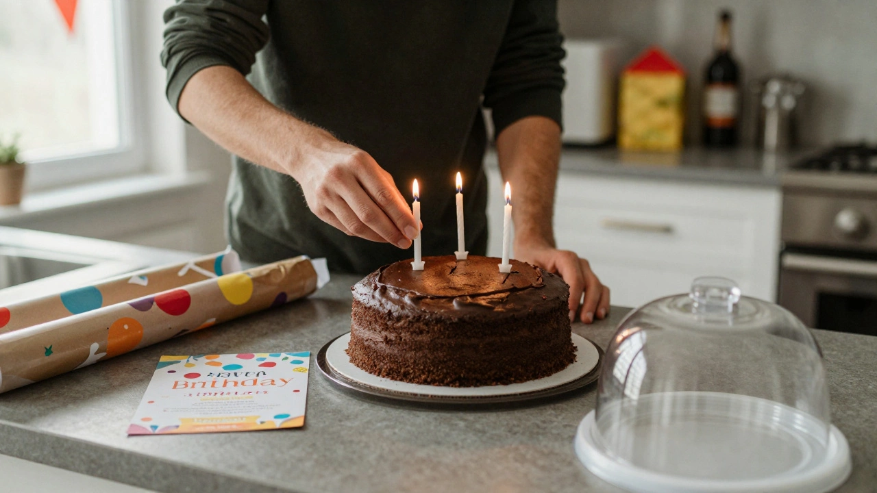 A parent adding candles to a plain Costco cake on a kitchen counter during a last-minute birthday prep.