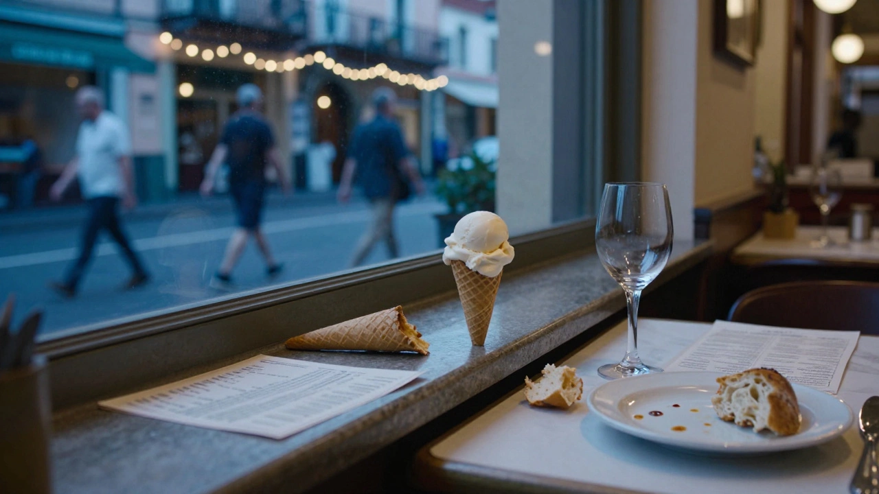 An empty restaurant table in Naples with a half-eaten gelato and wine glass.