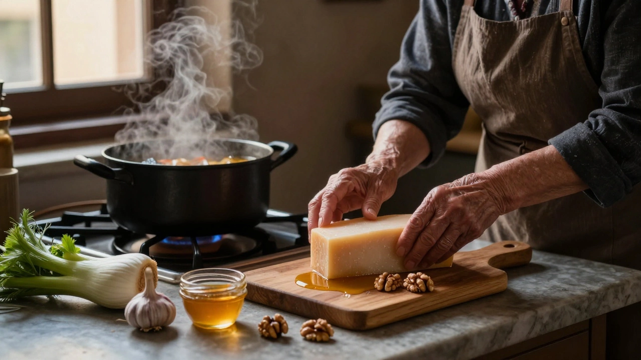 An Italian nonna serving Parmigiano cheese with honey and walnuts after dinner.