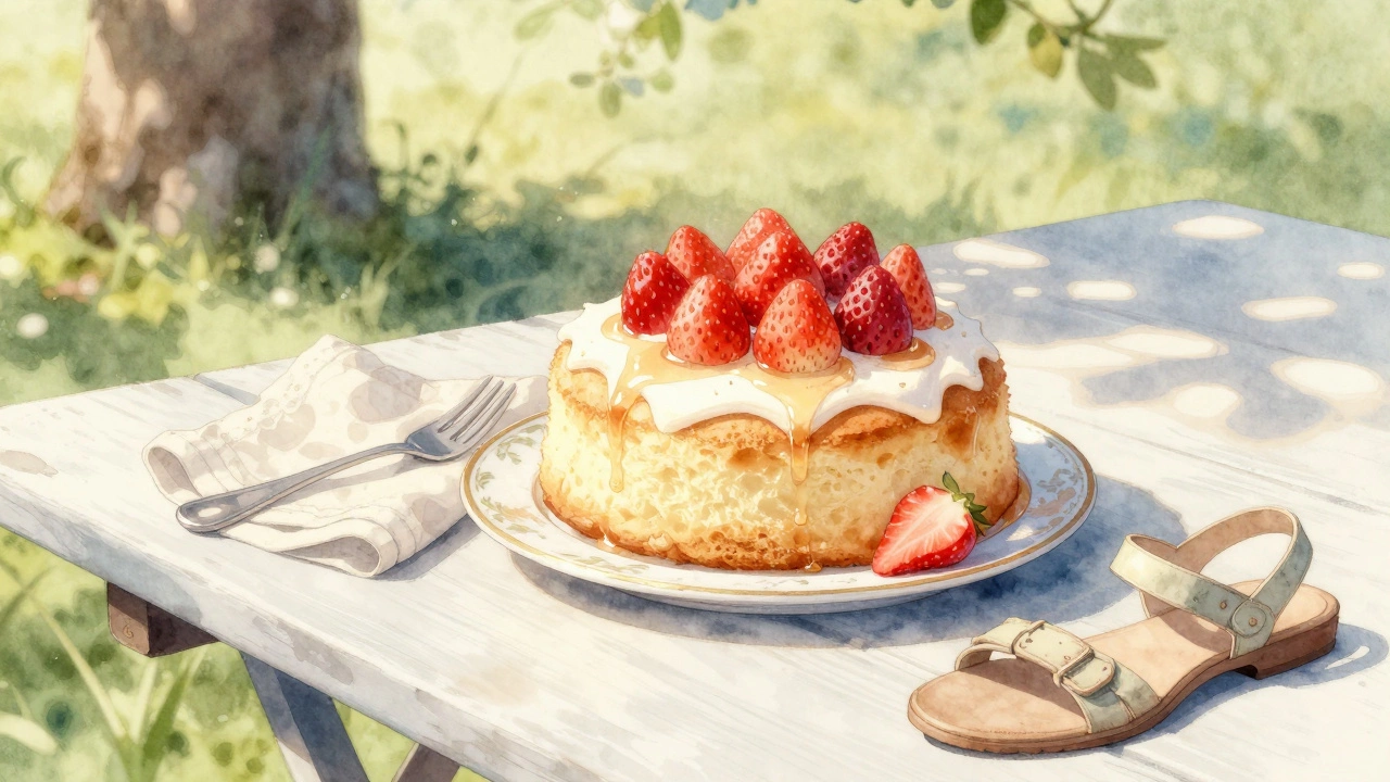 Angel food cake with strawberries on a picnic table, sunny summer day, vintage china.