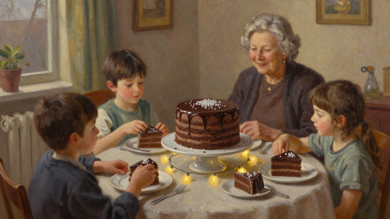 Chocolate layer cake with ganache drizzle at a birthday party, family members reaching for slices.