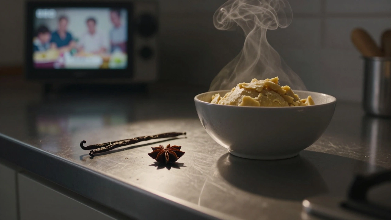 Crushed star anise pod beside ginger cookie dough in a dim kitchen at dusk.