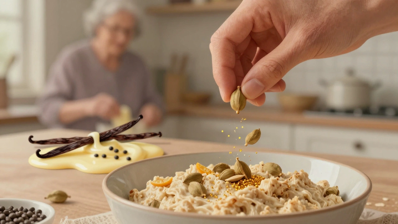 Hand grinding cardamom pods over cookie dough with vanilla beans nearby.