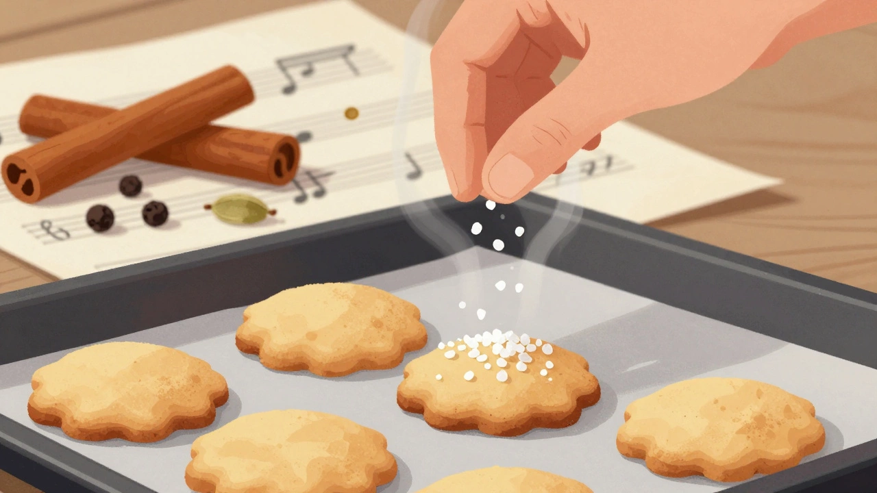 Hand sprinkling sea salt on warm cookies, with whole spices arranged like musical notes in the background.