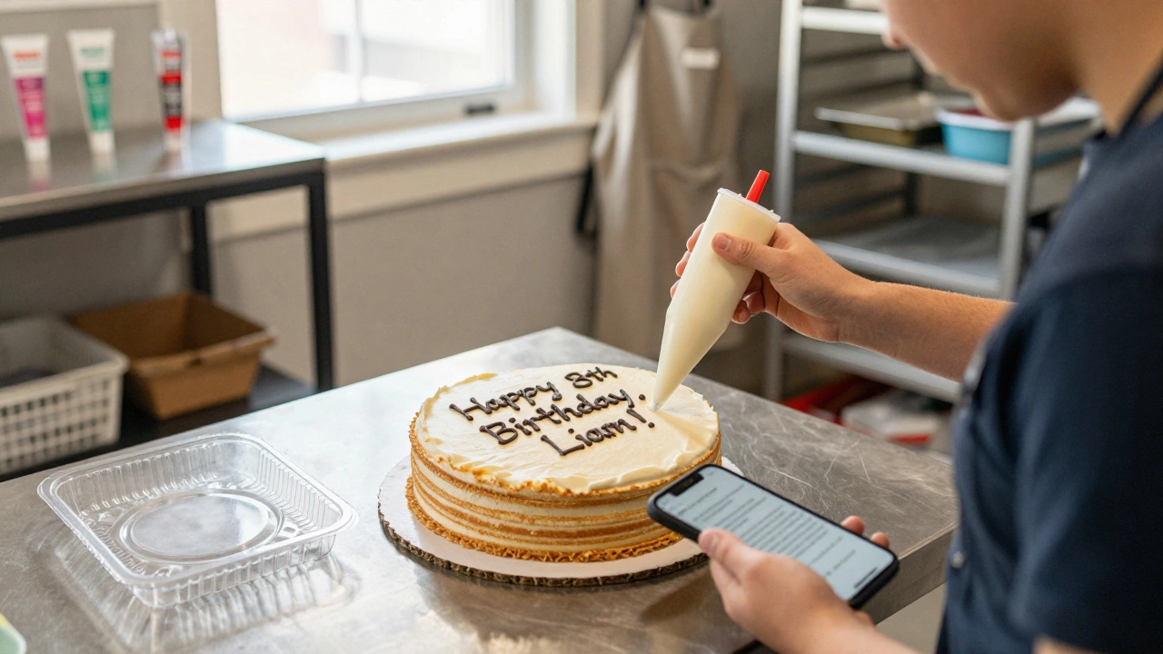 Parent inspecting a Costco cake with piped birthday message before leaving the store.