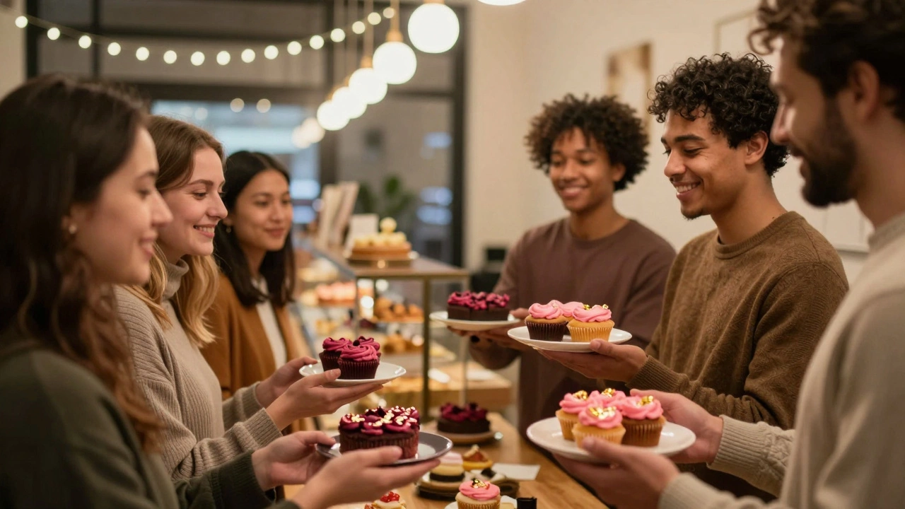 People in a bakery exchanging heart-shaped cupcakes with various elegant decorations.