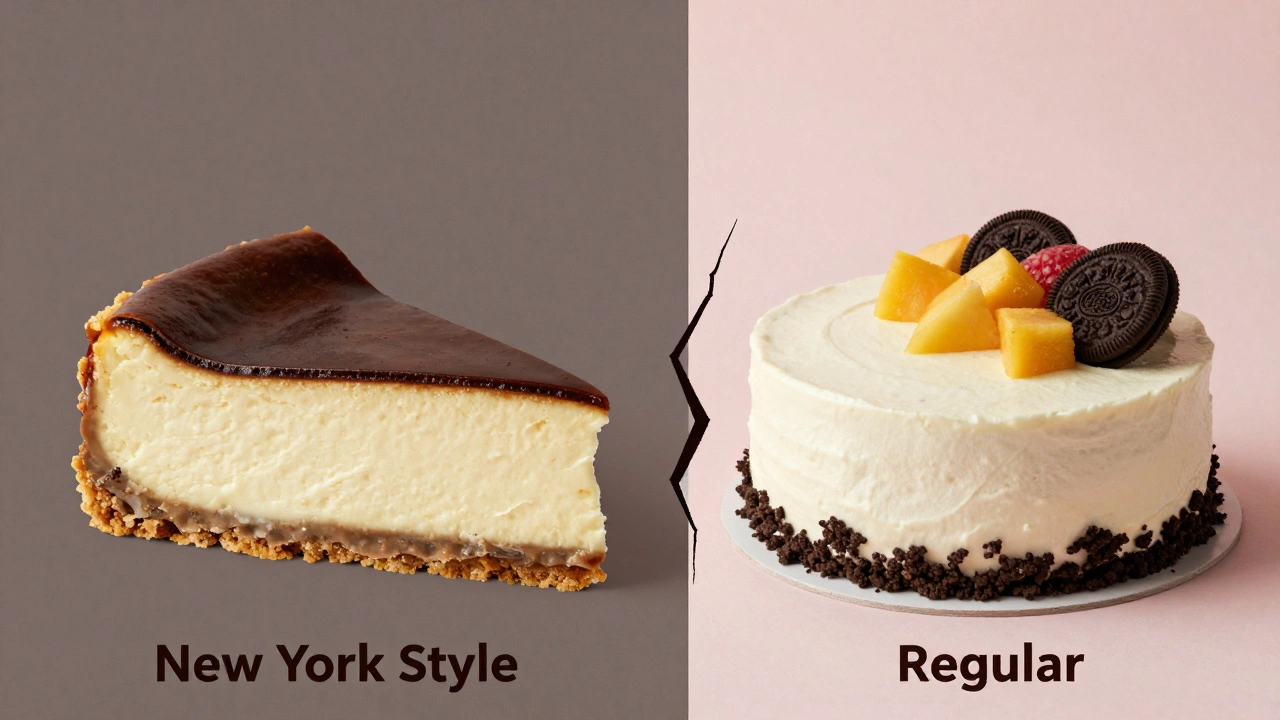 Side-by-side comparison of dense New York cheesecake and light regular cheesecake with different crusts.