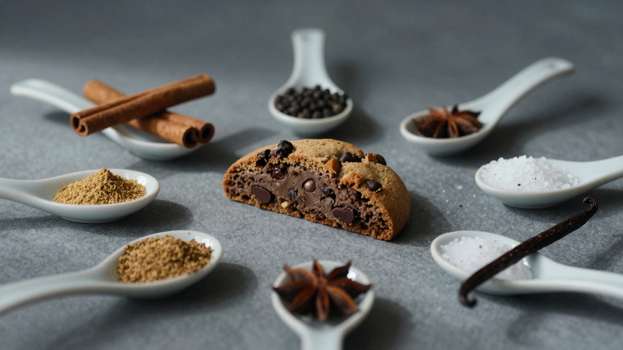 Sliced cookie showing vanilla specks, surrounded by five key spices on ceramic spoons.