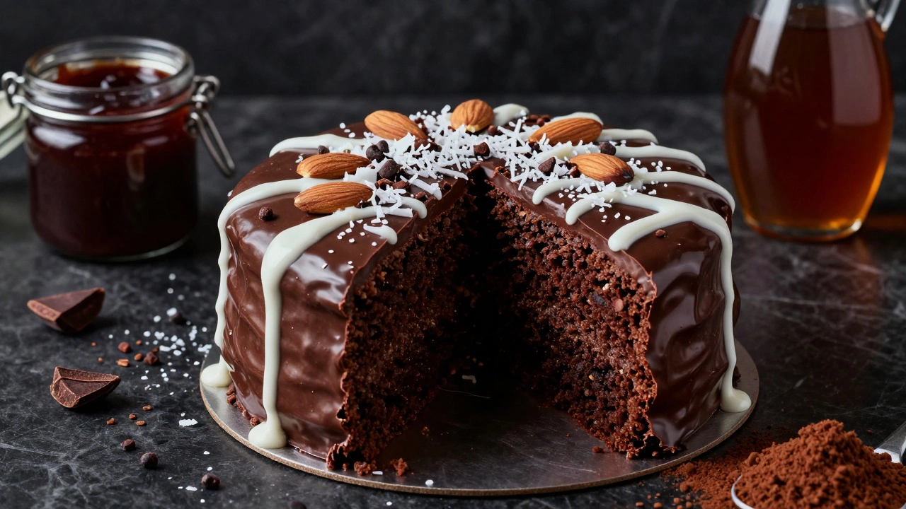 Sliced vegan chocolate cake with cacao nibs and maple drizzle.