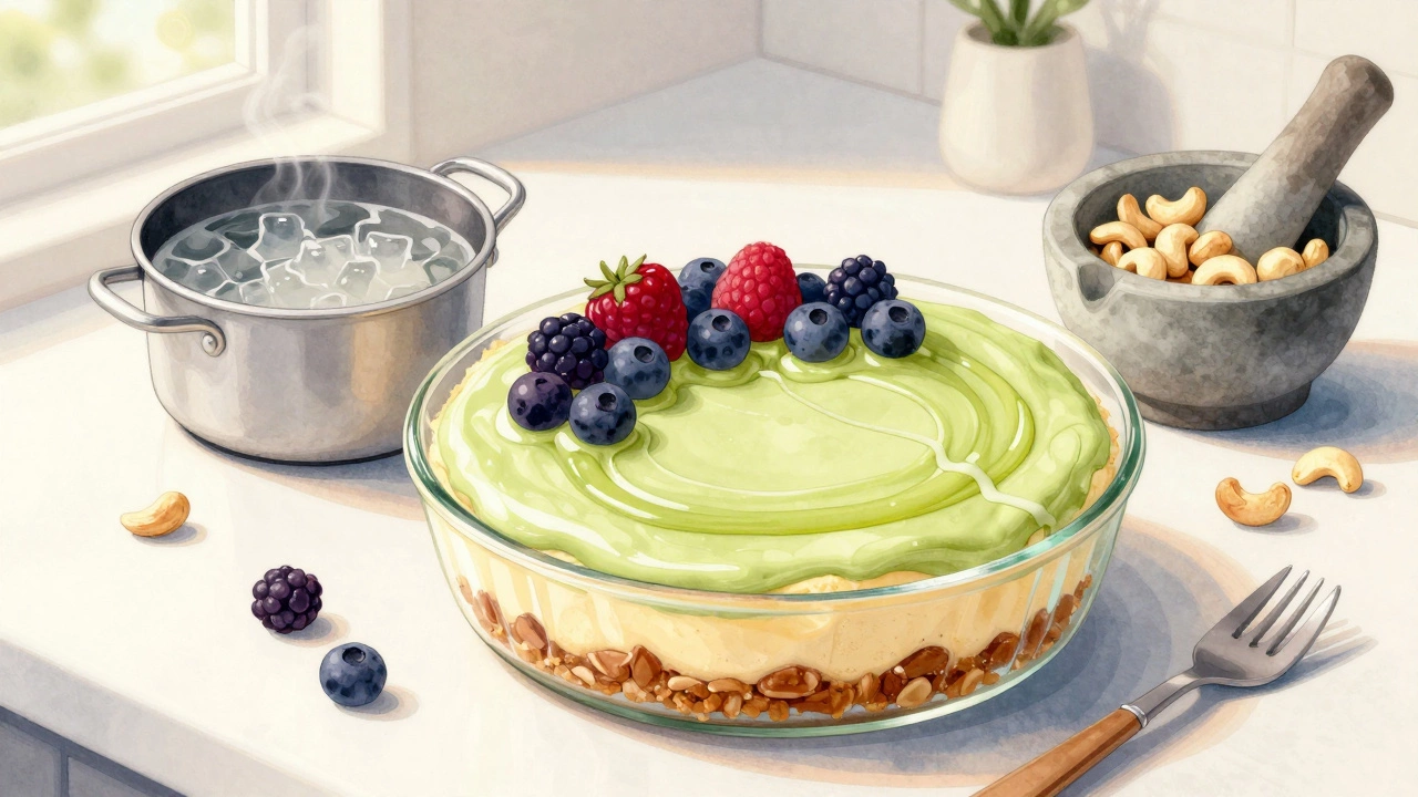 Vegan cheesecake with date crust and cashew filling, garnished with berries.